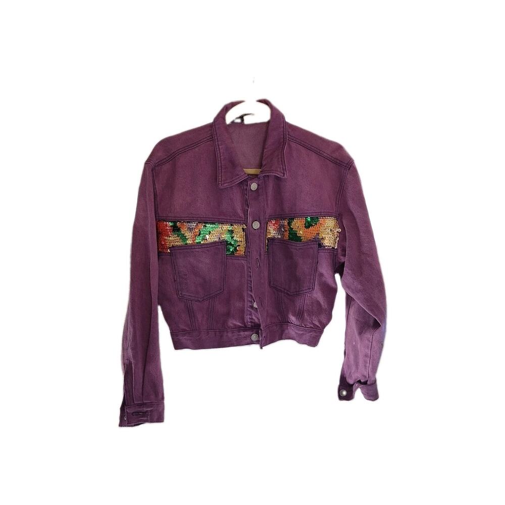 Vintage Corniche Purple Denim Jacket Sequin Yoke Accent Cropped Trucker Women